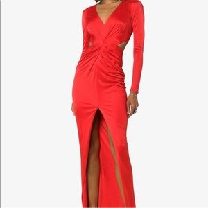 Haney Erin Gown - Red long sleeve with slit and cutouts - Size 0